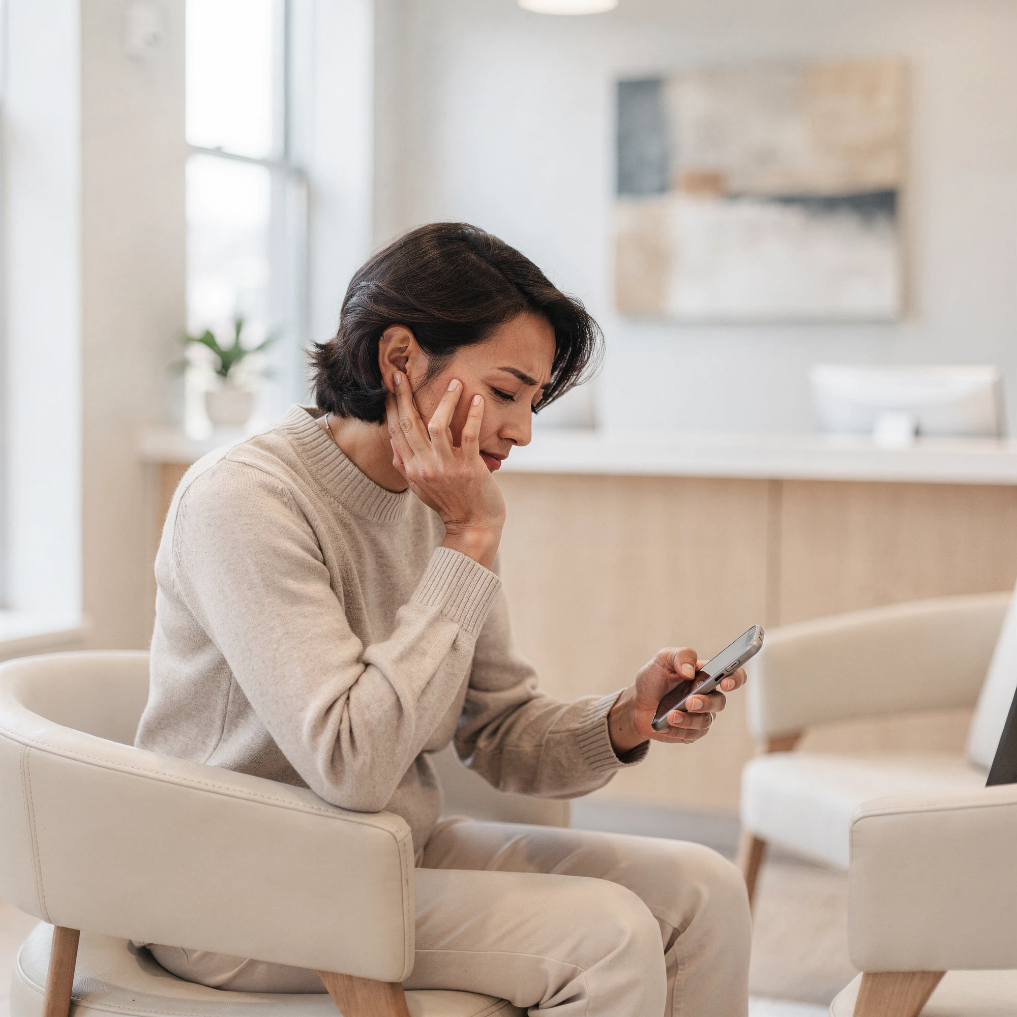 Woman holding her cheek in pain while looking at her phone in a bright dental office waiting room